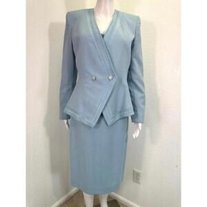 Vtg Lilli Ann Lt Blue 3 Pc Suit Pencil Skirt Suede Trim Easter Church Union Made